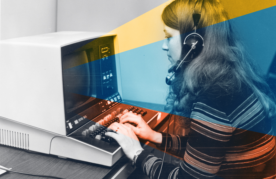 Woman sits at a computer with a headset. Colorful stripes come out of the screen, representing Lead generation for SaaS.