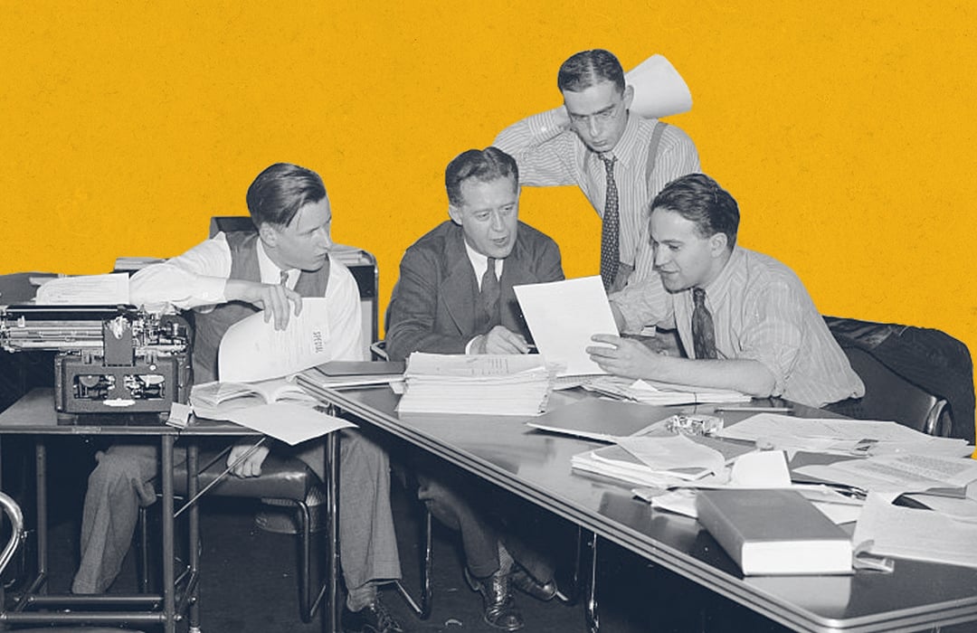 vintage men gathered around table with papers probably auditing their social media 